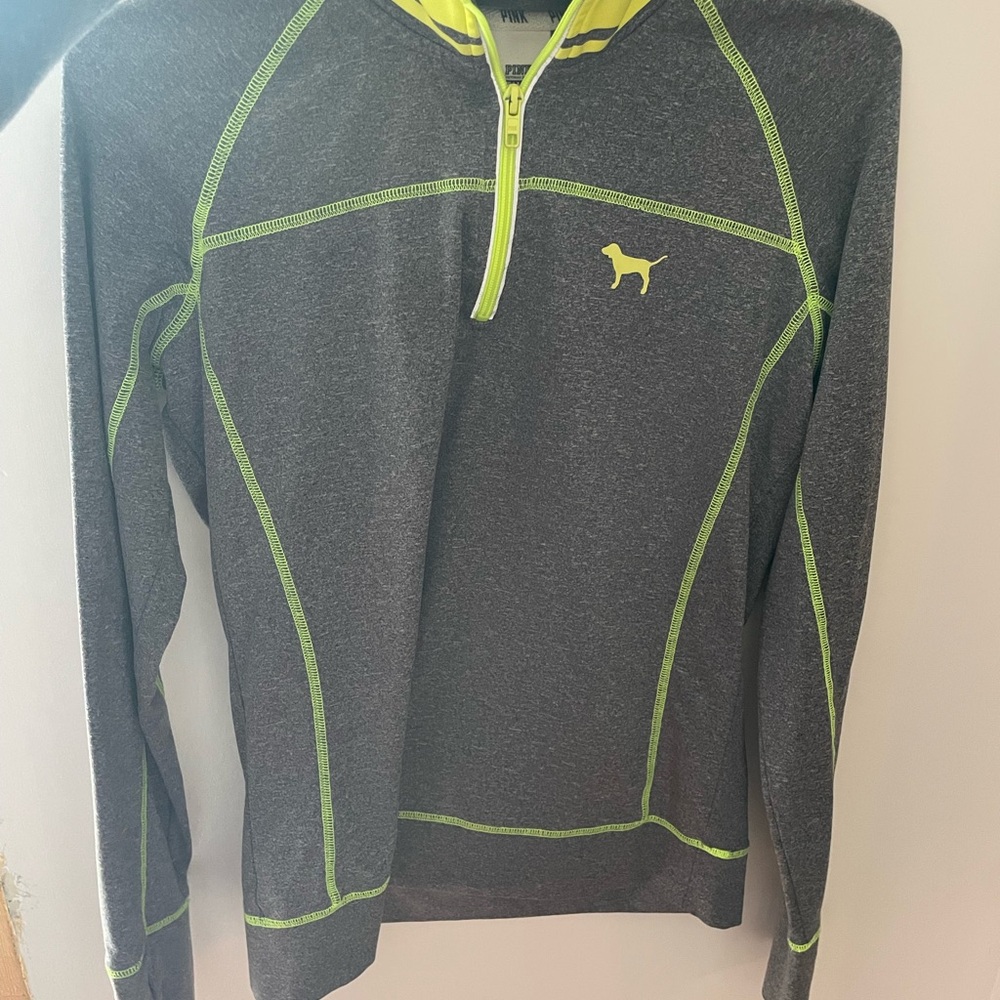 PINK Victoria's Secret Gray and Neon Yellow Sweater